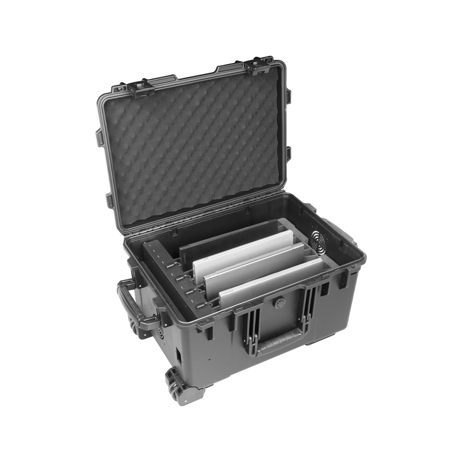LVSUN T10C mobiler USB-C Notebook-Ladekoffer, geöffnet und mit Notebooks bestückt