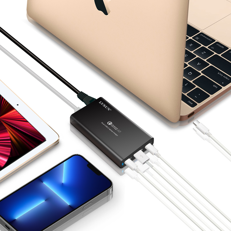 LVSUN 65W ultra-slim 16mm USB-C notebook charger with PD3.0, QC4+ and a USB-A output