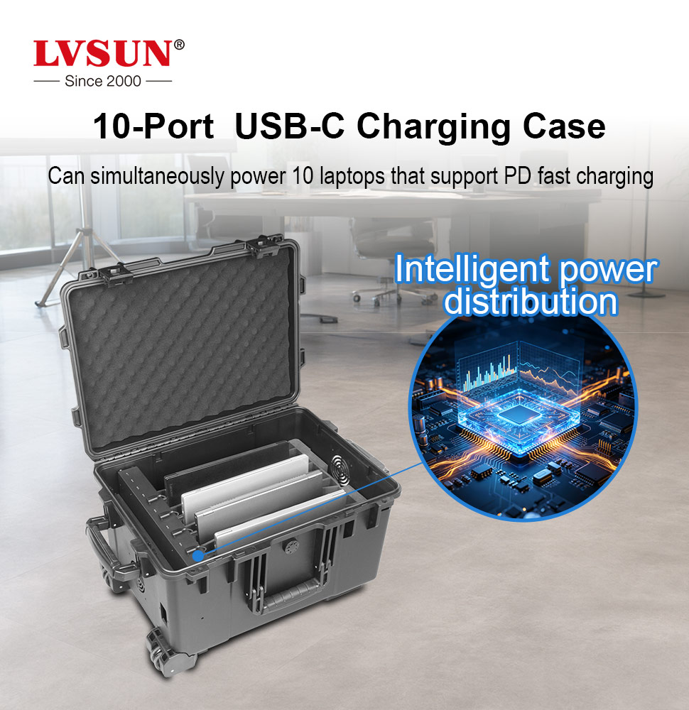 LVSUN T10C 10-port USB-C charging case shown open in an office, able to power 10 PD fast-charging laptops at once, with intelligent power distribution highlighted