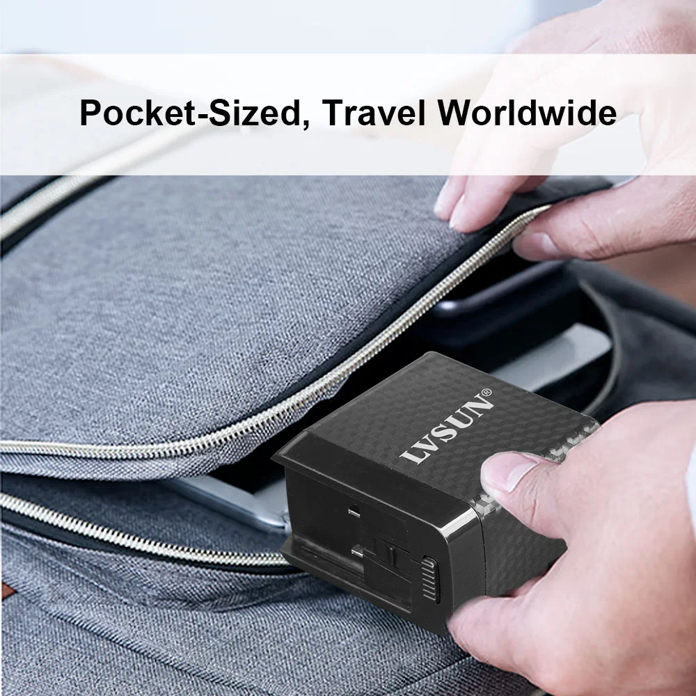Taschenformat für Reisen weltweit: das LVSUN 65-W-Ladegerät wird in eine Laptoptasche gepackt