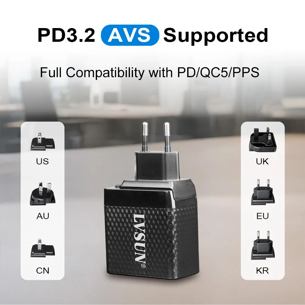 PD 3.2 AVS, voll kompatibel mit PD, QC5 und PPS – das LVSUN-Ladegerät mit seinen Steckern für US, AU, CN, UK, EU und KR