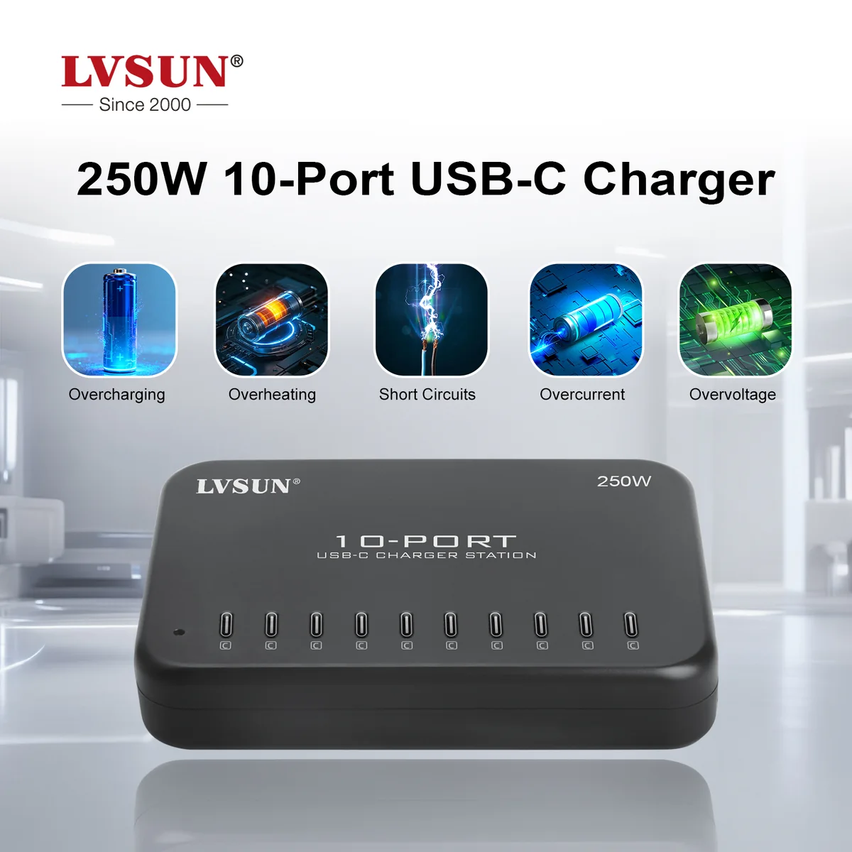 LVSUN stellt die überarbeitete USB-C-Ladestation LS-10U24C-250 mit 250 W und zehn Anschlüssen vor