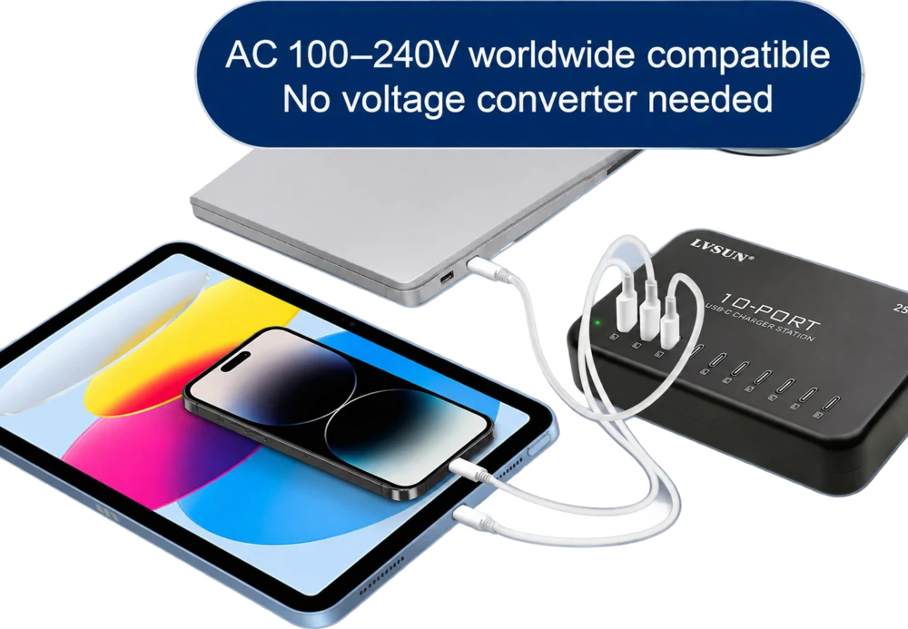Eingang AC 100–240 V, kein Spannungswandler nötig: die LVSUN LS-10U24C-250 lädt Notebook, Tablet und Smartphone